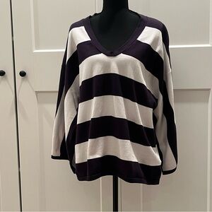 Adrienne Vittadini V-Neck Sweater - Navy and White Stripes